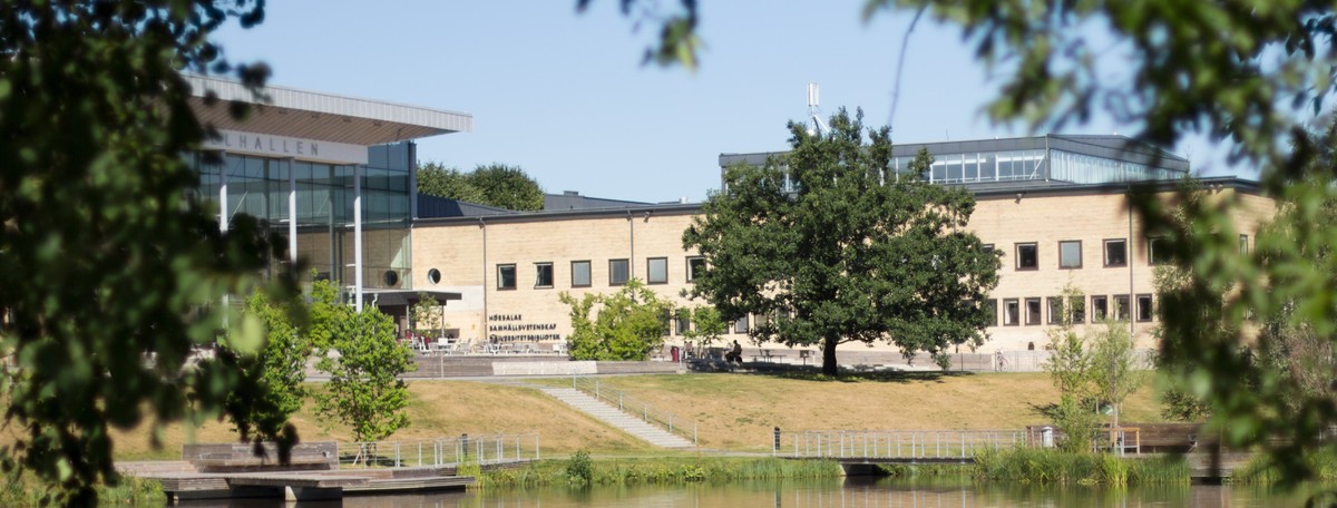 Umeå University campus buildings by the pond in summer