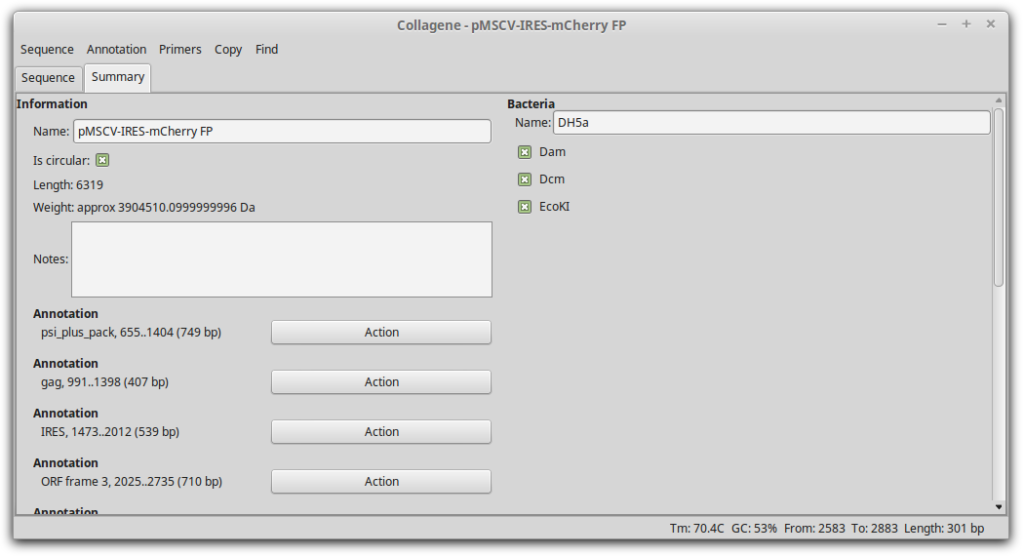 Collagene screenshot: sequence information page